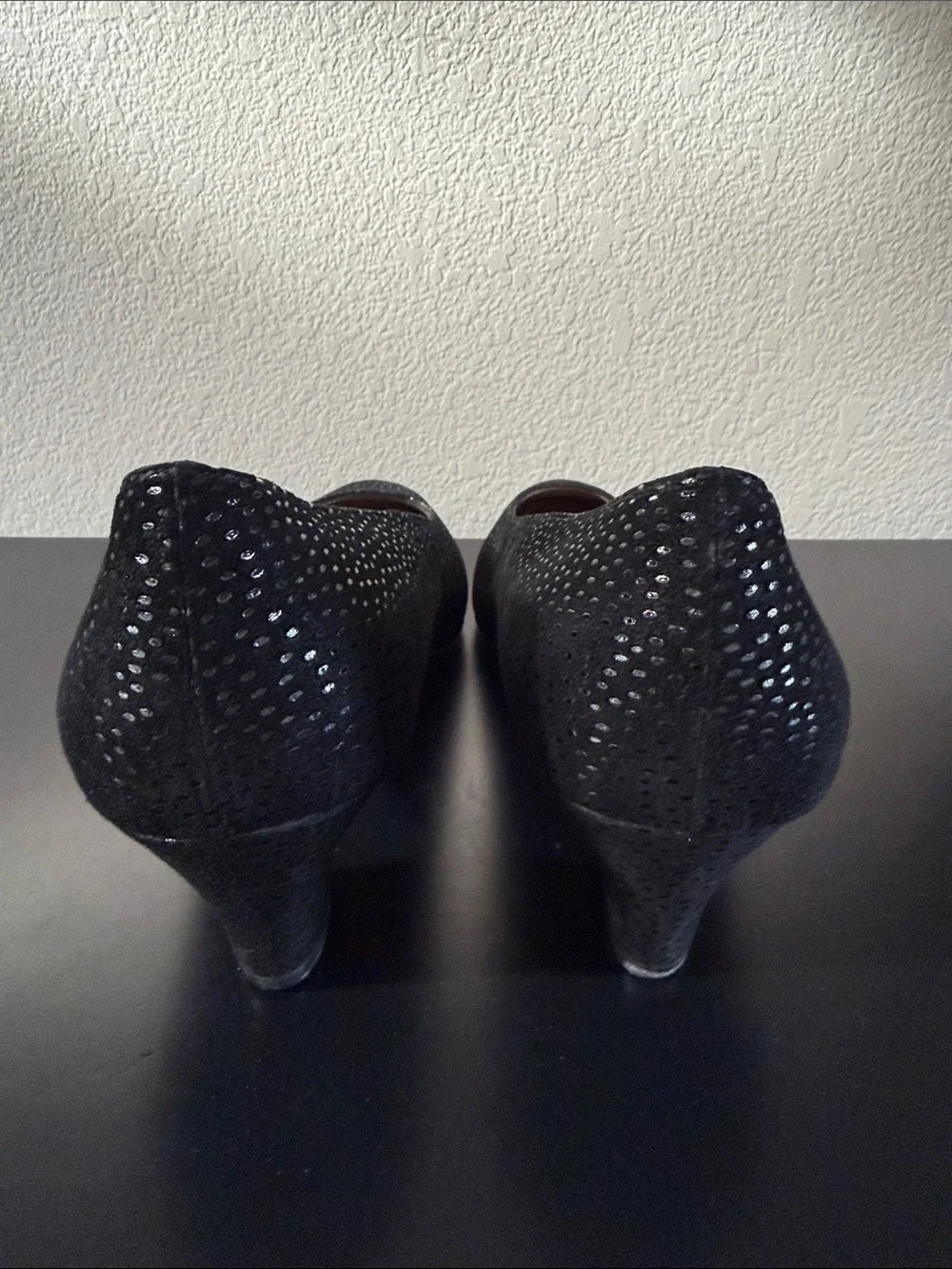 Salvatore Ferragamo Black Suede Pumps with Silver Dot Accents